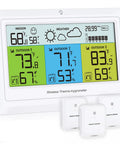 All In One Weather Station With 3 Sensors For Indoor And Outdoor Temperature Humidity Barometer Pressure Forecast With Backlight And Alerts For Home Office, showing digital display and sensors.