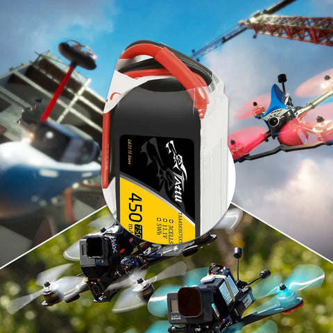 11.1V 3S 450mAh 75C LiPo Battery Pack With XT30 Plug for FPV multirotor drones 90 to 150 size, shown with drones in background
