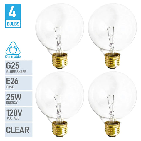 Four Pack G25 Globe Light Bulbs 25W Incandescent 2700K Soft White E26 Base Dimmable Crystal Clear Vanity Lights For Makeup Mirror Bathroom And Pendant Fixtures Built For A Get Ready Glow