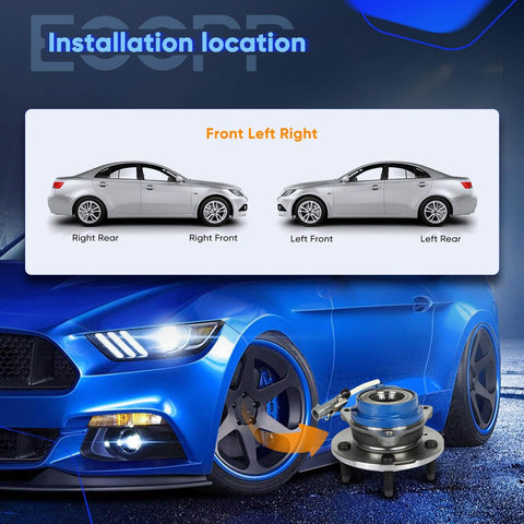 Pair 513121 5-Lug Front Wheel Hub and Bearing Assembly installation guide, showing placement on Buick and Chevrolet models