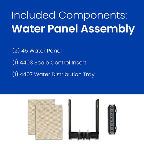 Humidifier Maintenance Kit With Water Panel And Model 45 Replacement Filter 400 Series components displayed.
