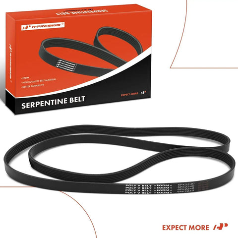 88.3 Inch Serpentine Drive Belt Fit For Ford Explorer Fusion Ranger Jeep Cherokee Wagoneer Wrangler Liberty Ram 1500 2500 3500 Toyota 4Runner Tundra Land Cruiser And More Easy Fit Heavy Duty Replacement Beefed-Up Ride with packaging and EPDM material detail.