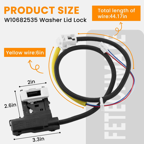 Stress Free Washer Lid Lock Switch Replacement For Whirlpool Kenmore Maytag And Amana Washers W11307244 with wiring harness and dimensions.