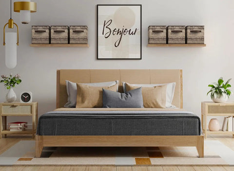 Bedroom with wall shelves holding Foldable Storage Cube Baskets 4 Pack In Rustic Brown Wood Grain Finish for organization.