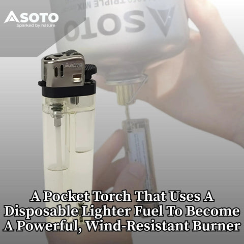 Compact Windproof Butane Torch Lighter Refillable Pocket Flame Tool For Camping Hiking Grilling And DIY Projects Adjustable Flame Durable Portable For Outdoor Adventures On The Go with transparent body and hands refilling butane.