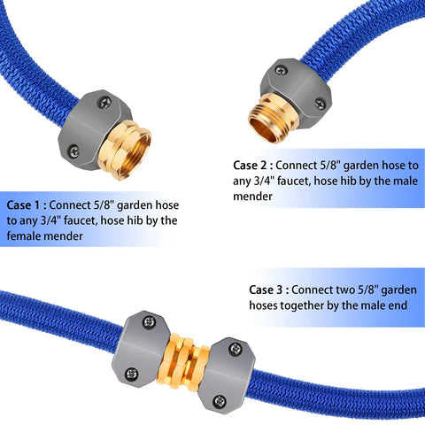 Garden Hose Repair Kit With Zinc And Aluminum Male And Female Fittings Fits 3/4 Inch And 5/8 Inch Hoses Includes Two Sets Of Fittings Sealing Tapes Rubber Washers And Beefy Metal Construction showing connection methods
