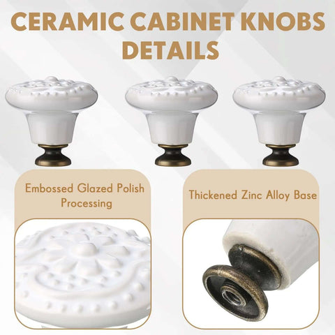 White Ceramic Cabinet Knobs Set With 12 Dope Retro Round Dresser Pulls, embossed glaze and zinc alloy base close-up