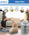 Child and dog by 2 Pack HP102 Replacement Filter for Vacuum Cleaners compatible with HP102 HP152 series, filter shown absorbing particles.