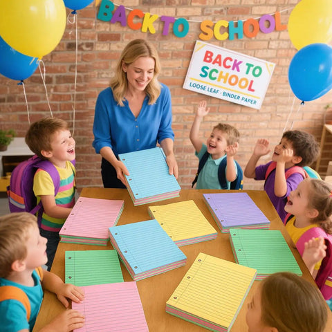 Teacher distributing Color Coded Filler Paper Pack With 500 Sheets In 5 Vibrant Colors For Wide Ruled 8 By 10 And A Half Inch 3 Hole Punched Loose Leaf For 3 Ring Binders Totally Handy For School And Office to excited students