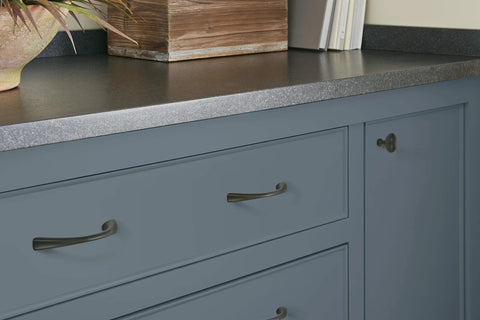 Vaile Matte Black Cabinet Pull 3-3/4 Inch Center to Center, 4-13/16 Inch Overall Length, installed on gray kitchen cabinet drawers.