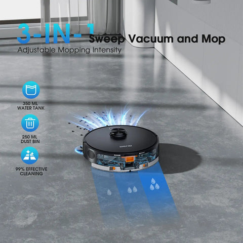 Robot Vacuum And Mop Combo With LiDAR Navigation, 75 Days Self-Emptying Base, showcased on hard floor in modern home interior