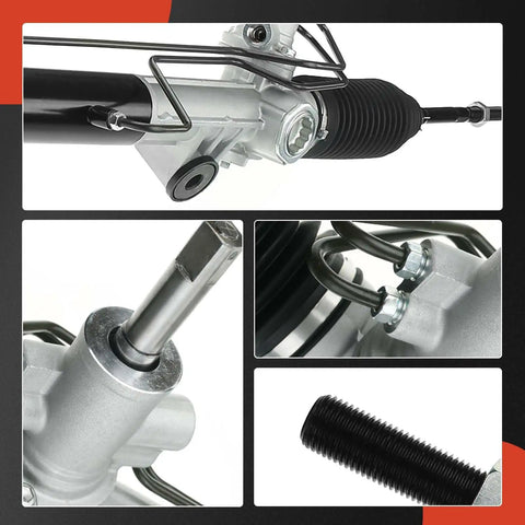 Close-up of hydraulic power steering rack and pinion for Dodge Dakota 2005-2010 and Mitsubishi Raider 2006-2009 with inner tie rods.