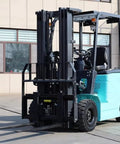 Top Rated Portable Electric Forklift Pallet Stacker With 4-Way Counterbalance Lift Truck in blue, showcasing reinforced fork arms.