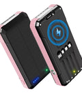 Massive 49800mAh Solar Power Bank With Built In Four Cables And 22.5W Fast Charging Solar Panel Charger For Traveling Camping Emergency And Outdoor Adventures Pink, showing front and back view with built-in cables and LED indicators.