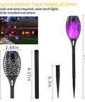 Purple Solar Tiki Torches Outdoor Lights 12 Pack With Flickering Flame, shown in installation guide for yard decor.