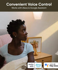 Person in bedroom using Four Pack Smart A19 LED Bulbs With Tunable White Light For Any Mood And Home Vibe, voice controlled, Alexa and Google Assistant.