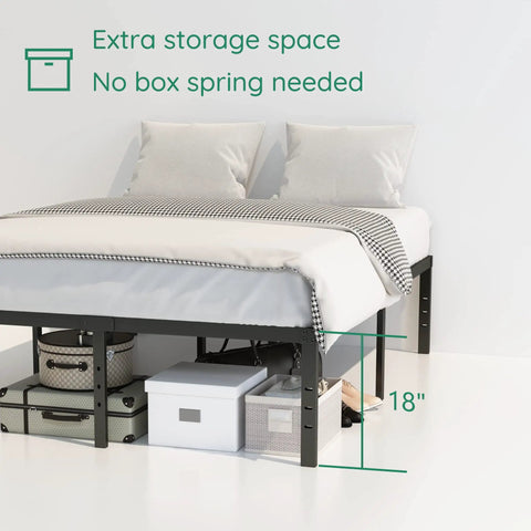Heavy Duty 18 Inch Full XL Metal Bed Frame Zero Flex Rock Solid Steel Platform Base with extra storage space underneath.