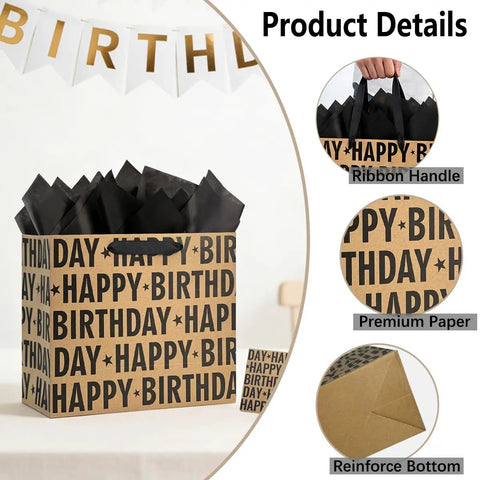 13 Inch Kraft Birthday Gift Bag With Tissue Paper And Greeting Card Black Happy Birthday Lettering Design Perfect For Men Women And Kids Eco Friendly Gift Bag For Any Occasion showing product details