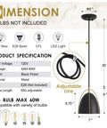 Dope Black Dome Pendant Light With Gold Trim For Kitchen Island And Dining Room Modern Hanging Fixture specs diagram