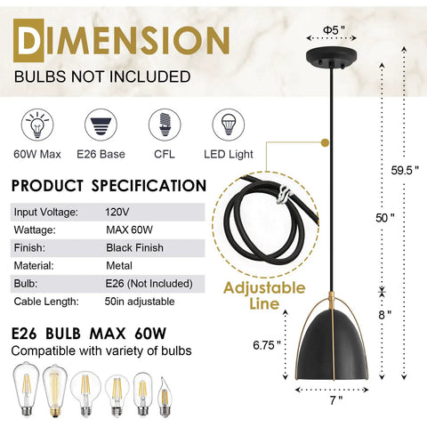 Dope Black Dome Pendant Light With Gold Trim For Kitchen Island And Dining Room Modern Hanging Fixture specs diagram