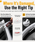 Informative guide showing tips for using Light Silver Wheel Rim Touch Up Paint With Built In Brush for various curb damage.