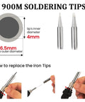 900M soldering tips with measurement details and instruction for replacing tips, part of Straight Up Solid 60W Soldering Iron Kit.