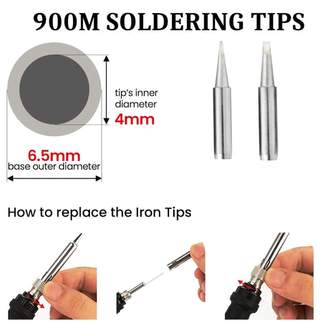 900M soldering tips with measurement details and instruction for replacing tips, part of Straight Up Solid 60W Soldering Iron Kit.