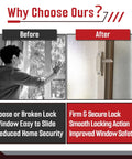 Before and after of window showing secure fit with 10 Pack F 2590 Replacement Sash Locks With 20 Self Tapping Screws