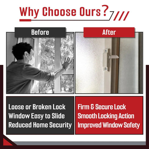 Before and after of window showing secure fit with 10 Pack F 2590 Replacement Sash Locks With 20 Self Tapping Screws