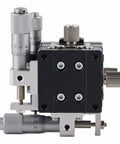 3-Axis Trimming Platform Manual Linear Stage Sliding Table 40mm Diameter Rock-Solid Precision For Machinery Testing Equipment Optical Measurement Made Of Heavy-Duty Bearing Steel shown from side angle