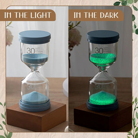 Thirty-minute sand timer glowing in dark and light, part of Nine Colorful Luminous Sand Timers Set With 0.5, 1, 2, 3, 5, 10, 15, 20, 30 Minute Intervals Glow In The Dark Hourglasses For Classroom, Home, Office And Kitchen Decor, Perfect For Timed Tasks, Everyday Fun And Vibe.