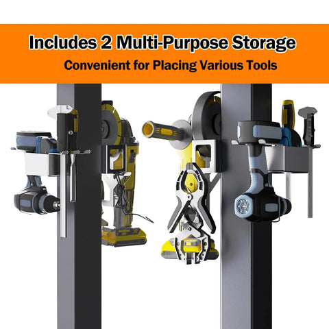 Dead Nuts Floor Mount Vise And Grinder Stand 34 Inches Tall with tool storage for various tools, heavy carbon steel construction.
