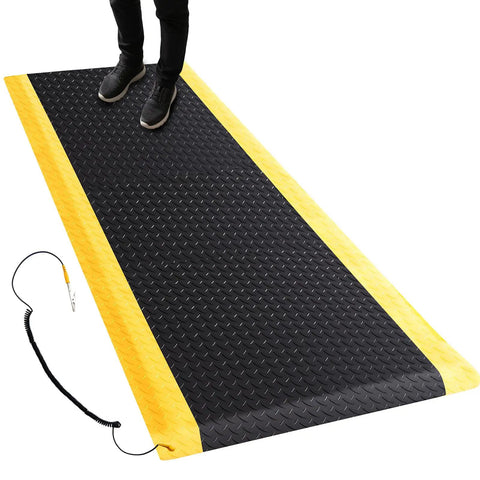 Heavy Duty Anti Fatigue Floor Mat 3x5 Feet With ESD Conductive Pad And Ground Wire, three quarter inch thick, black with yellow border