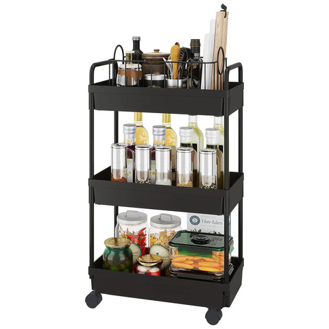 Three Tier Rolling Storage Cart With Adjustable Shelves, Mobile Utility Organizer On Wheels For Kitchen, Bath, And Laundry, Narrow Space Saver In Black Finish with jars and bottles displayed.