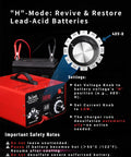 Tough As Nails Smart Battery Charger 12V To 72V Plug And Play LiFePO4 Lithium Lead Acid Desulfator settings display with red charger.
