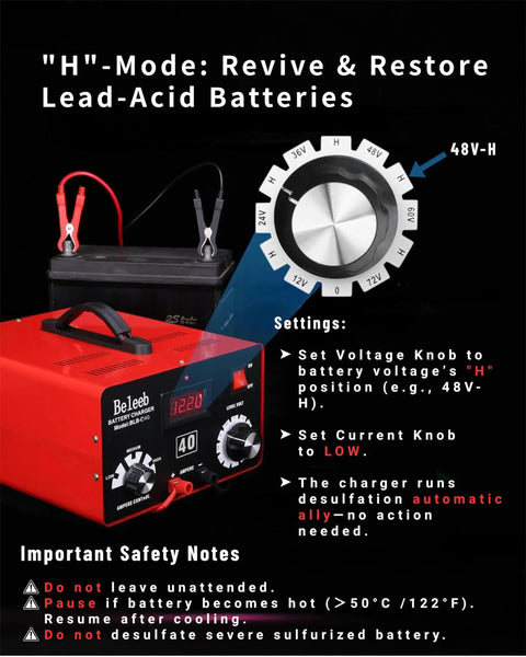 Tough As Nails Smart Battery Charger 12V To 72V Plug And Play LiFePO4 Lithium Lead Acid Desulfator settings display with red charger.