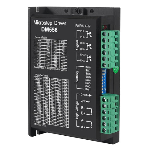 DM556 microstep driver module, black housing with green terminal blocks, front view