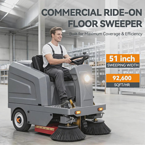 Velwoxk 51 Inch Ride-On Industrial Floor Sweeper Machine With Powerful Brooms And Vacuum Suction. Features A Generous 27 Gallon Hopper And 11 Gallon Water Tank For Spotless Jobsites. Achieve Crazy High Efficiency Of Over 92 Thousand Square Feet Per Hour