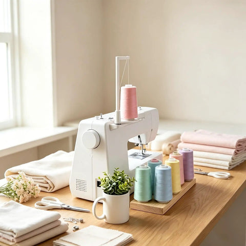 Large Thread Spool Stand For Sewing Machines keeps your pink thread stash organized next to a sewing machine with colorful spools.