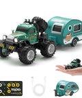 Mini 1 64 Scale RC Truck With Detachable Trailer 2.4GHz Remote Control Rechargeable Battery Realistic Front Lights Easy Hitch System Kid Friendly Portable Play Vehicle For Boys And Girls Green Gift Idea in hand showing size.