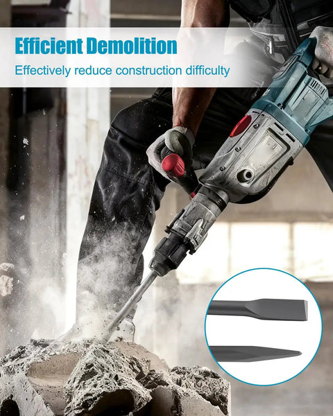 Person using jackhammer with Flat And Pointed SDS Max Chisel Set 24 Inch By 1 Inch Wide, crushing concrete in demolition work.