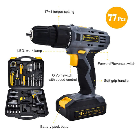 77 Piece Cordless Drill And Screwdriver Tool Set With 18V 20V Battery Charger featuring soft grip handle and 17+1 torque settings
