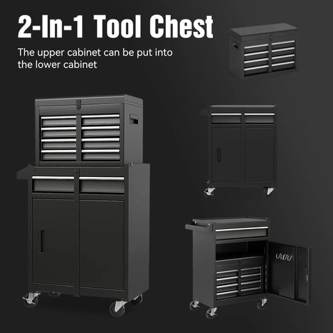 Five Drawer Rolling Tool Cabinet With Detachable Top Box, Locking Wheels, Adjustable Shelves, Pro-Grade Heavy-Duty Rust-Resistant Steel