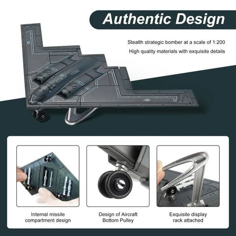 One To Two Hundred Scale B-2 Spirit Military Aircraft Quick Build Model Kit For Military Enthusiasts And Fans, showing details and display
