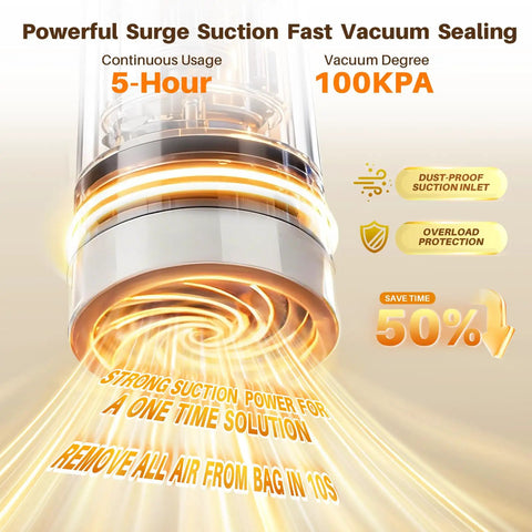 Compact Handheld Vacuum Sealer For Food Storage And Meal Prep, displaying strong suction and 100KPA vacuum power details