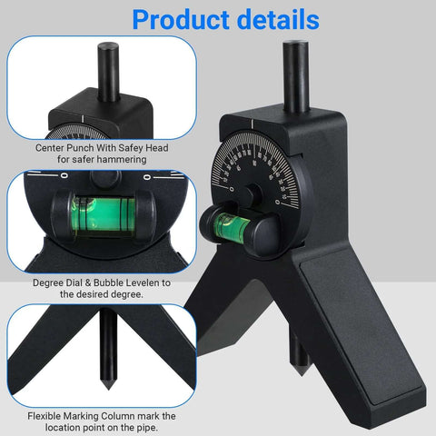 Front view of Jhtii magnetic center head pipe center finder with Y-shaped stand, dial protractor and bubble level