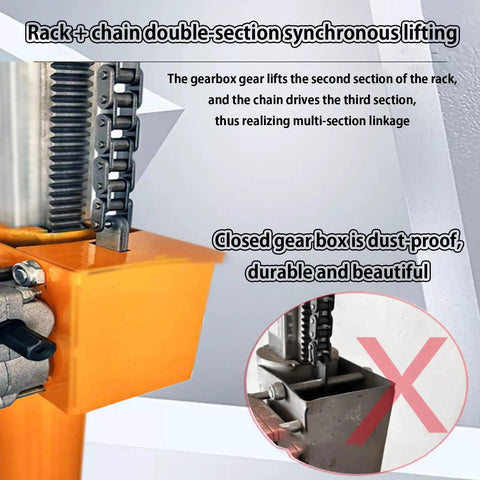 Heavy Duty Drywall Lift And Sheetrock Hoist With Telescopic Arm 4 In 1 Multi Function Panel Raiser showing gearbox and chain system.