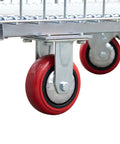 Beefy Heavy-Duty Collapsible Wire Mesh Cart With Casters 32x20x24 Steel Storage Bin 1500 Lb Capacity Stackable Industrial Tote, red caster close-up