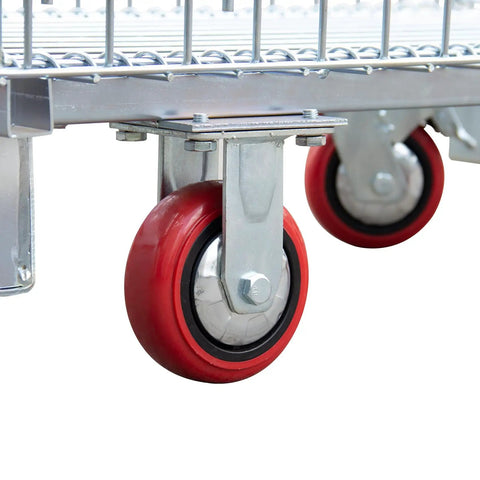 Beefy Heavy-Duty Collapsible Wire Mesh Cart With Casters 32x20x24 Steel Storage Bin 1500 Lb Capacity Stackable Industrial Tote, red caster close-up