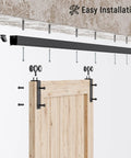 8Ft Ceiling Mount Box Rail Barn Door Hardware Kit With Heavy Duty Aluminum Sliding Track And Matte Black Finish, showing installation above wooden door.
